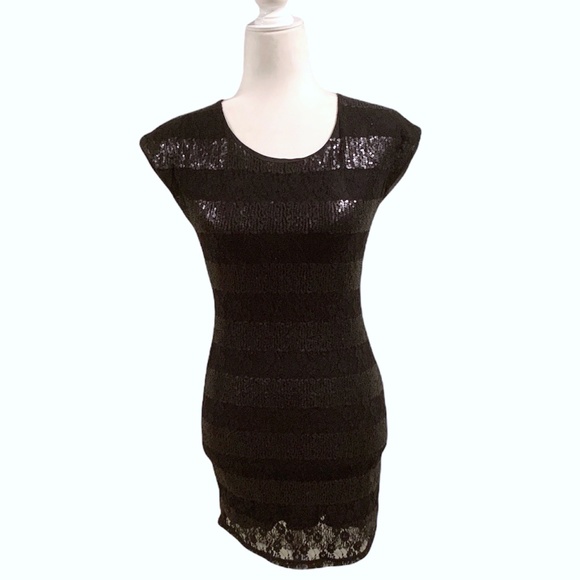 Sequin Lace Stripe Open Keyhole Back Little Black Dress - Picture 2 of 9